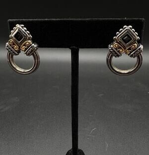 Vintage Signed PISCITELLI 2 tone Silver & Gold Black Stone Pierced Earrings